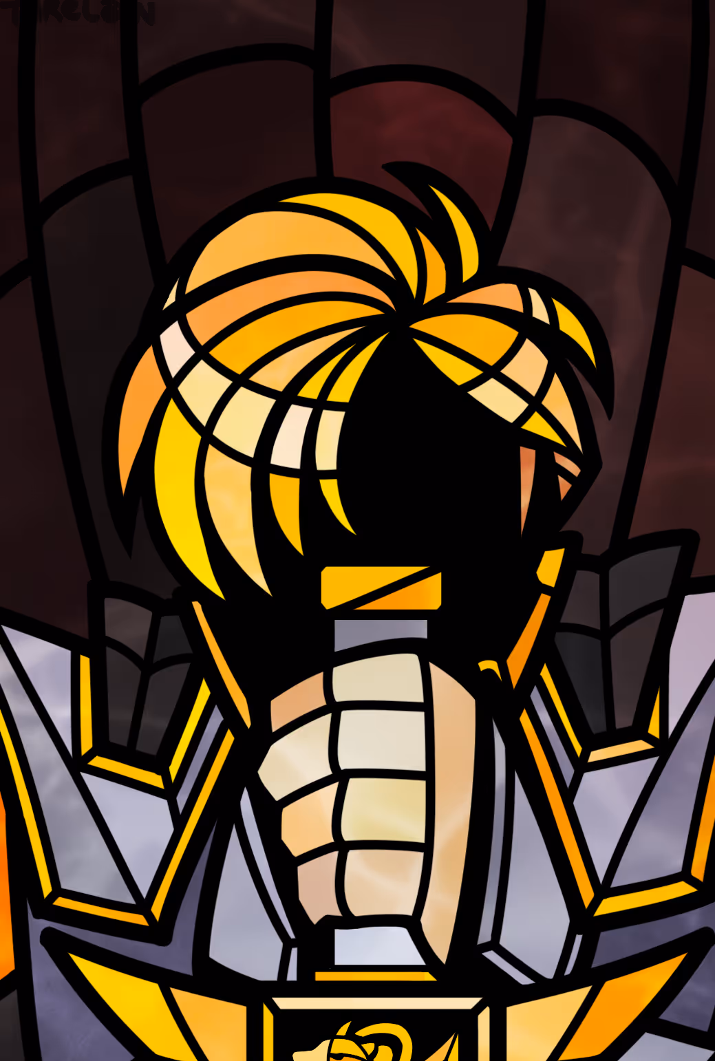 An illustration in a stained glass style of a man holding a sword.