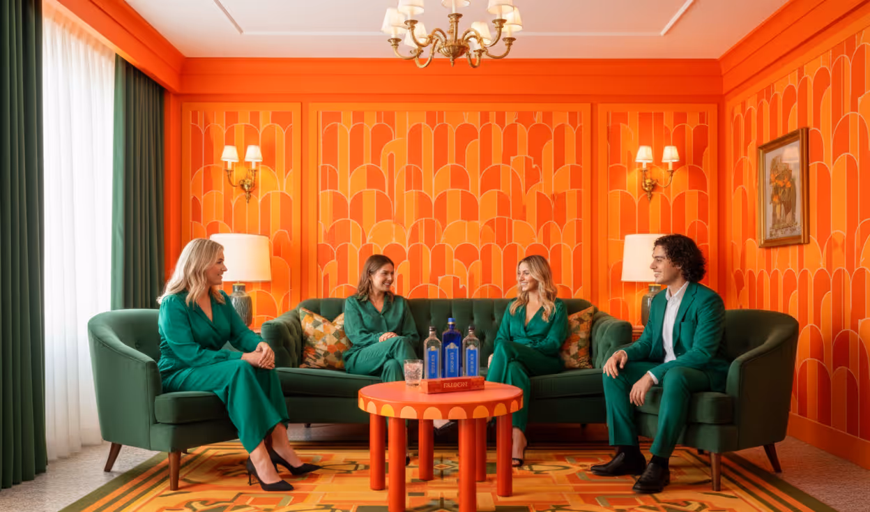 An AI-generated photo of a group of people wearing emerald green clothes, chatting in a modern, luxurious hotel room. On the center table is the Peabody sparkling water, flavored waters, and chocolates.