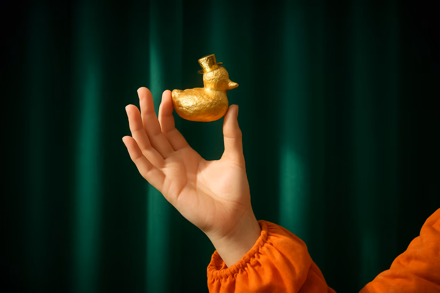 An AI-generated photo of a hand holding a gold foil-wrapped chocolate duck wearing a tophat.
