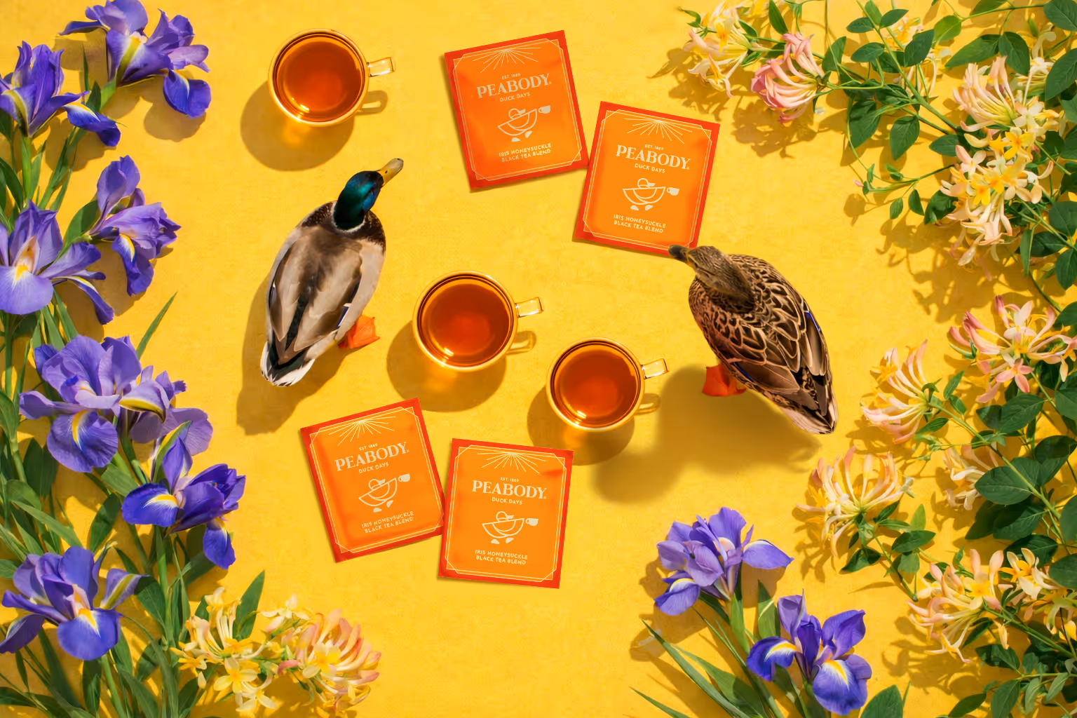 An AI-generated photo of ducks walking around irises, honeysuckles, tea bags, and teacups.