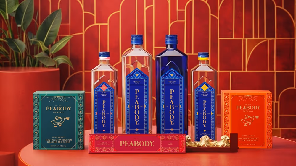 An AI-generated photo of the Peabody's product line, which includes tea, flavored water, sparkling water, spring water, and chocolates.