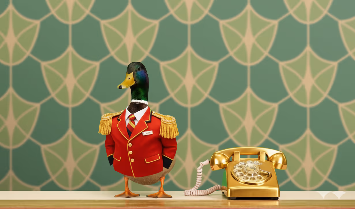 An AI-generated photo of a duck wearing a red suit, acting as a receptionist.