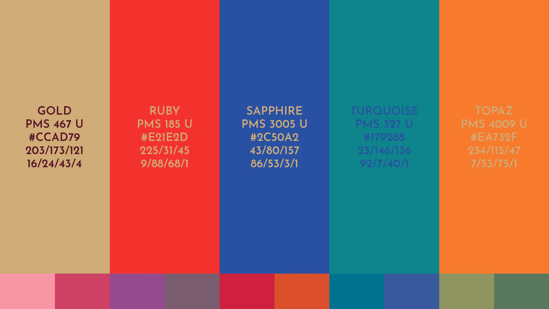 Peabody's palette. The primary colors are named gold, ruby, sapphire, turquoise, and topaz. Each primary is labeled with a Pantone color, HEX code, CMYK value, and RGB value.