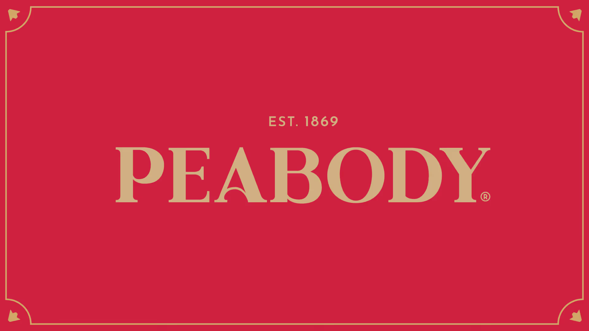The new logo of the Peabody. It is a serif in all caps, set in gold on a red background.