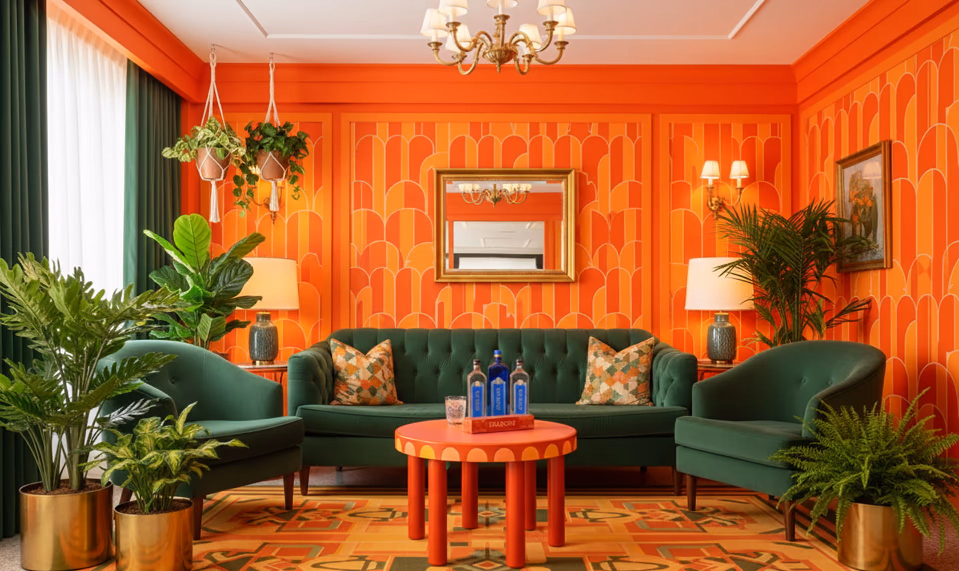 An AI-generated photo of warm interior that has a deep green, orange, and yellow palette. It is adorned with ferns and looks modern but luxurious.
