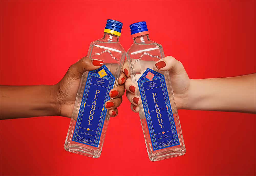 An AI-generated photo of two hands of different skintones holding two glass bottles of flavored water.