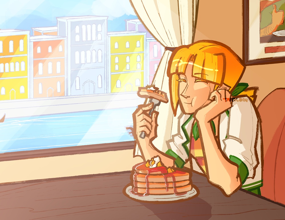 An illustration of a girl eating pancakes.