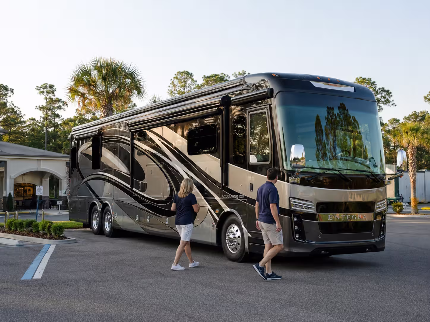 Luxury Class A motorhome at a Brooksville, FL pickup area