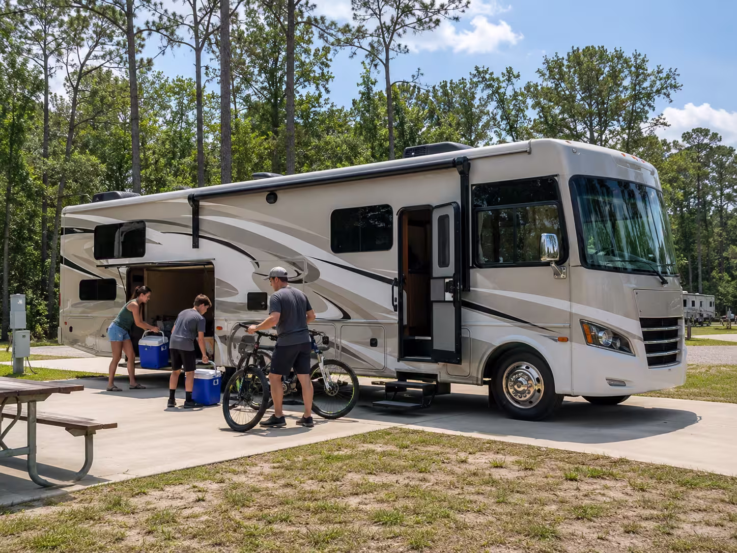 Large RV parked at a Brooksville, FL RV park with rear storage open
