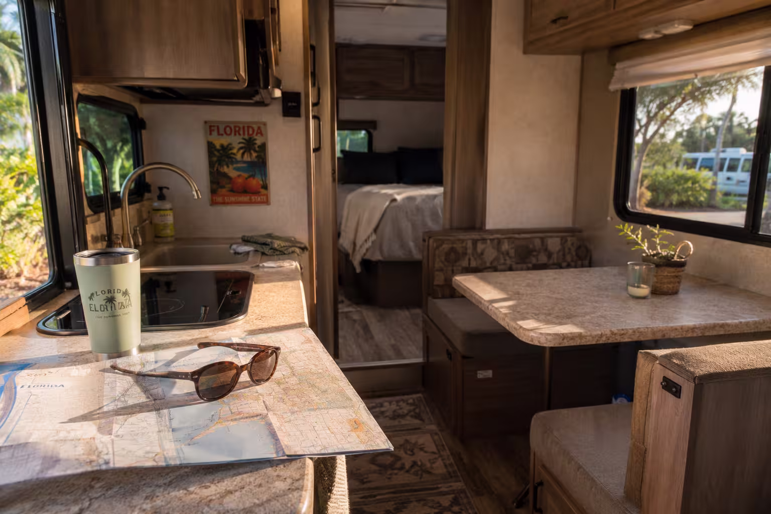 Small RV interior kitchen and dinette layout