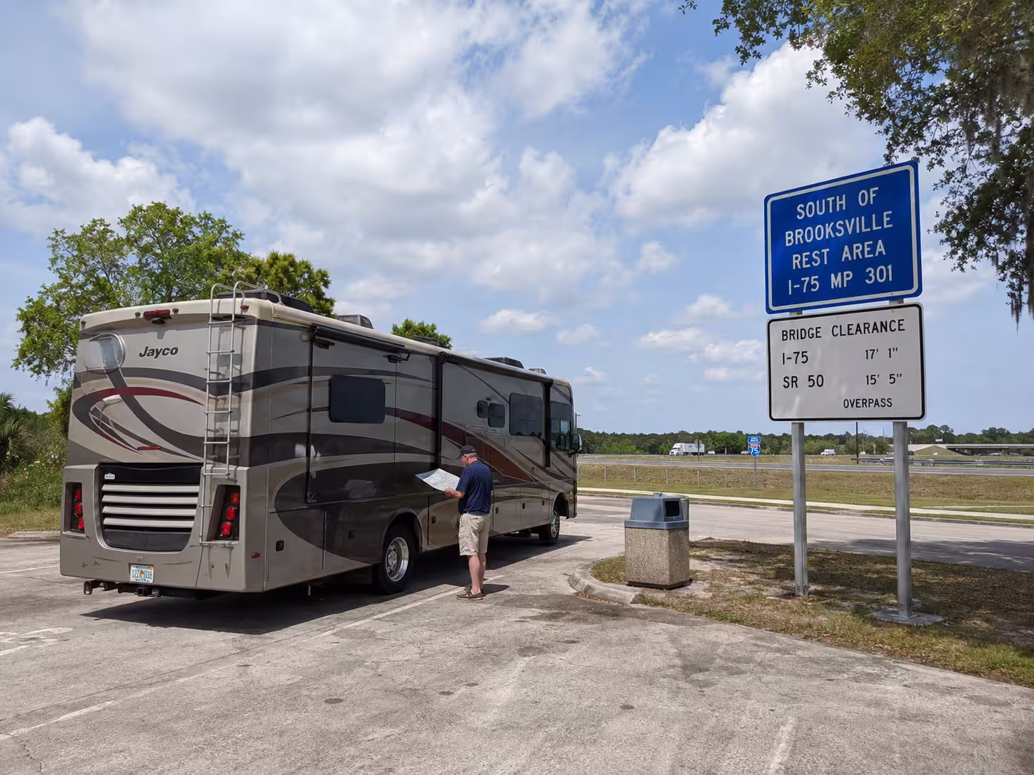 Class A motorhome checking bridge clearance on I-75 near Brooksville