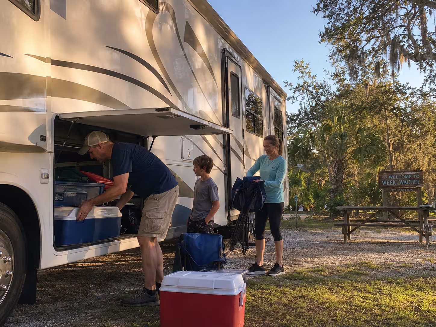Family unloading gear from a Class A motorhome near Weeki Wachee