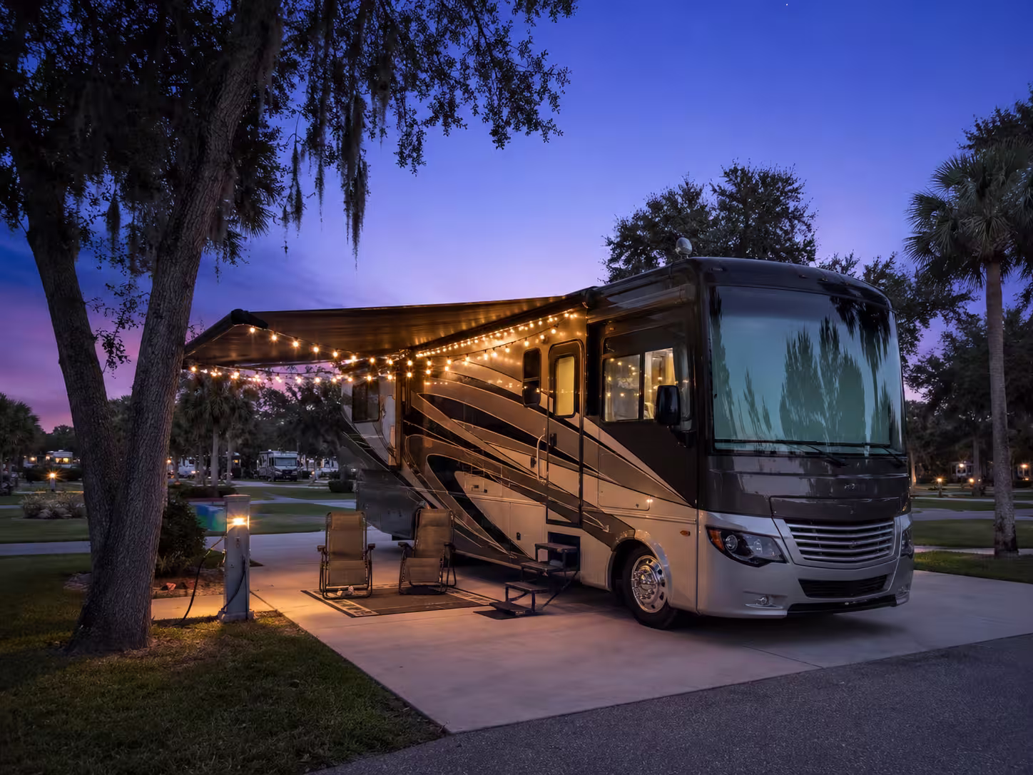 Class A motorhome parked overnight at a Central Florida RV resort