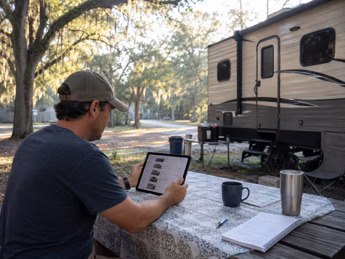 Renter comparing RV rental prices in Brooksville, Florida at a campsite