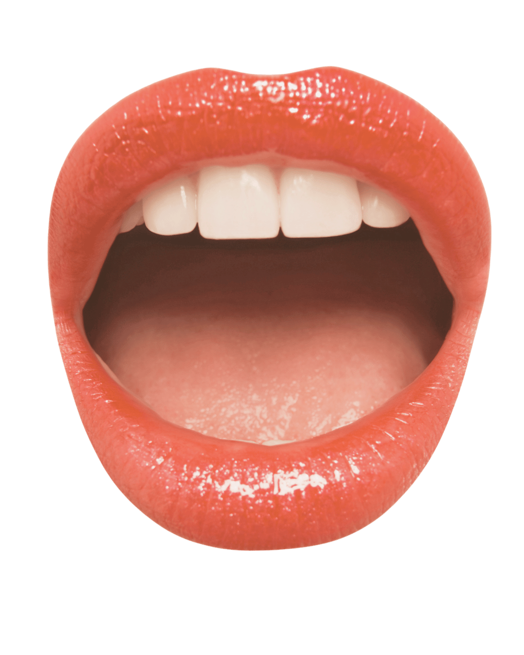 An open mouth with coral lipstick