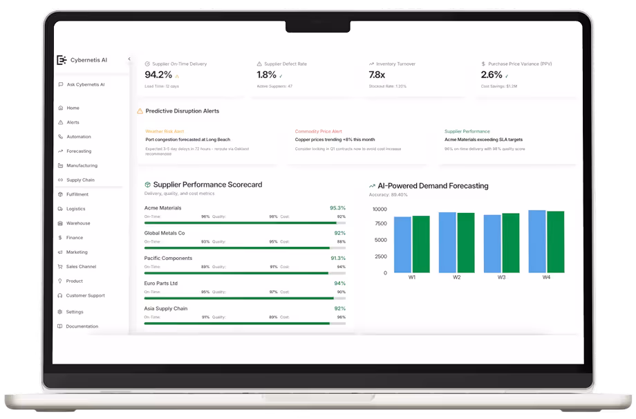 Laptop screen showing Cybernetis AI dashboard with supplier metrics, predictive alerts, performance scorecard, and AI-powered demand forecasting bar chart.