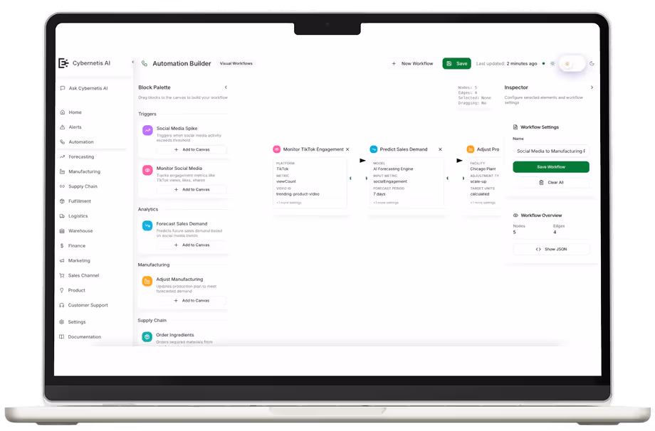 Laptop screen showing Automation Builder interface with workflow blocks for social media triggers, analytics, manufacturing, and supply chain.