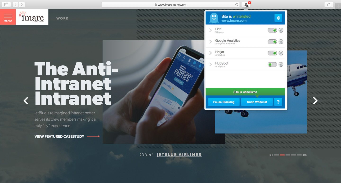 A content blocker overlay on imarc.com