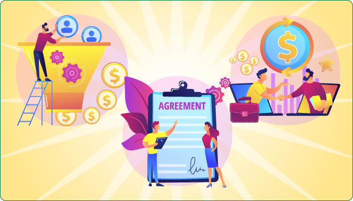 "Illustration of a business process with three sections. On the left, a person adds user icons into a funnel with dollar symbols emerging from the bottom, representing a sales funnel. In the center, two people stand next to a large clipboard labeled 'Agree