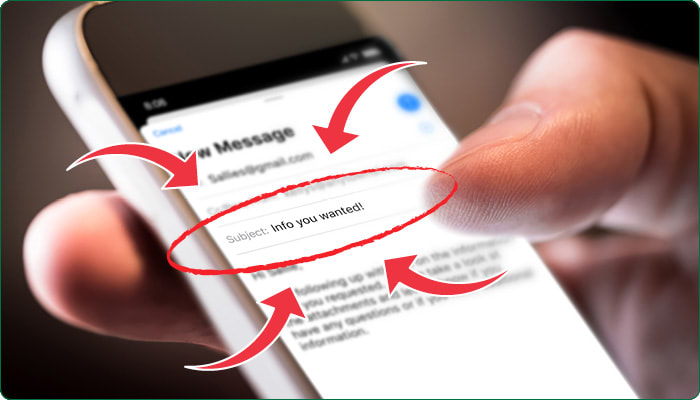 phone screen with red arrows pointing to an email subject line