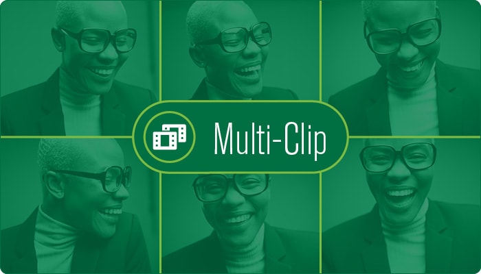 Alt text: "A collage of smiling images of a person wearing glasses, arranged in a 2x3 grid with green overlay. In the center is a label reading 'Multi-Clip' with a film strip icon."