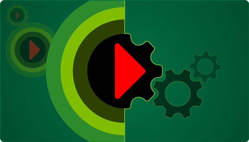 A stylized illustration featuring a red play button inside a black circle, split in half by a green background. The left side shows concentric circles in various shades of green, creating a ripple effect. The right side has a large black gear shape with smaller gears, symbolizing mechanics or technology. The overall design combines elements of play, motion, and machinery, possibly representing media or tech automation.
