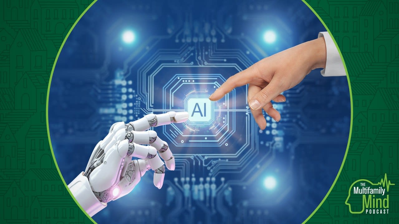 robot hand and human hand reaching pointed finger toward "AI"