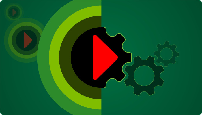 A stylized illustration featuring a red play button inside a black circle, split in half by a green background. The left side shows concentric circles in various shades of green, creating a ripple effect. The right side has a large black gear shape with sm
