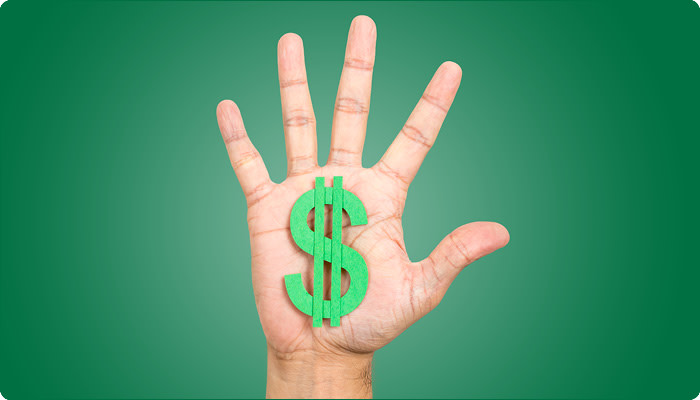 hand on green background with a green dollar sign $