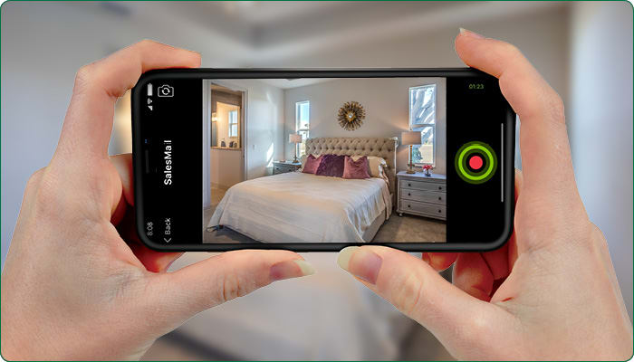 horizonal phone screen filming a bedroom