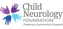Logo of Child Neurology Foundation with purple and blue handprints and tagline creating a community of support.