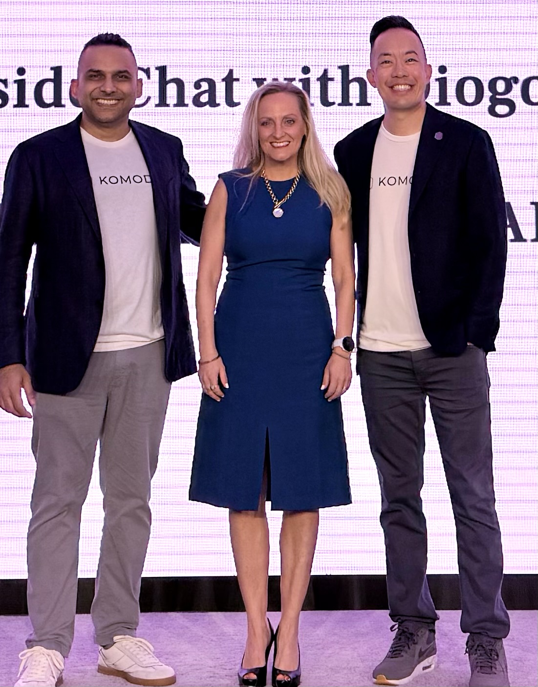 Komodo Health leaders Arif Nathoo and Web Sun with GeneDx CBO Lisa Gurry on stage at Komodo Summit 2026.