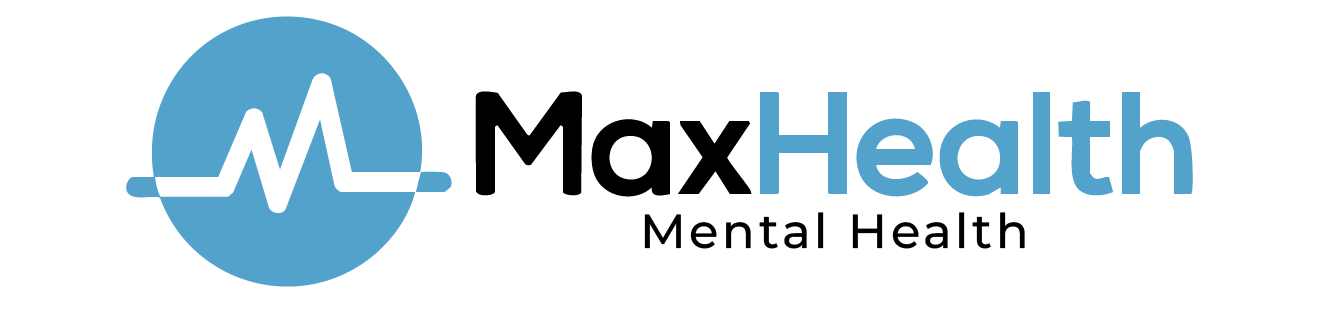 MaxHealth Mental Health logo with a blue circle featuring a white heartbeat line.