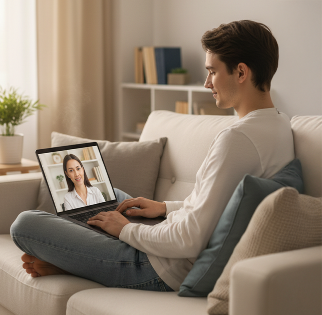 Young man sitting cross-legged on a couch, engaged in a video call on his laptop with a woman.