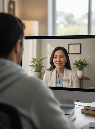 Person attending a telehealth video consultation with a female doctor on a computer screen in a bright room.