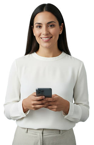 Smiling woman with long dark hair holding a smartphone wearing a white blouse and light-colored pants.
