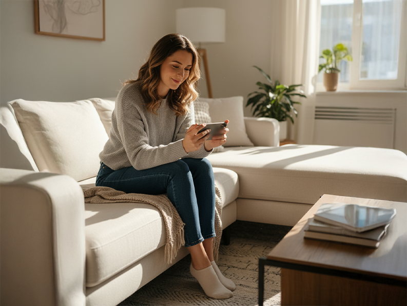 Woman in gray sweater and jeans sitting on a beige couch, smiling while using a smartphone in a sunlit living room.