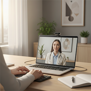 Person having a video consultation with a female doctor on a laptop in a cozy, well-lit room.