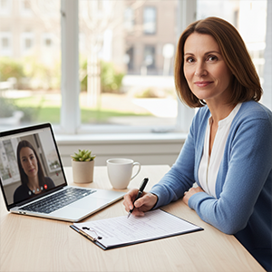 Woman in a blue cardigan writing on a clipboard at a desk with a laptop showing another woman in a video call.