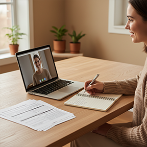 Woman taking notes during a video call on a laptop at a wooden table with papers and potted plants in the background.