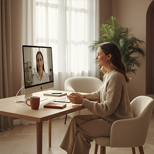 Woman having a video call with another woman on a desktop computer in a softly lit room.