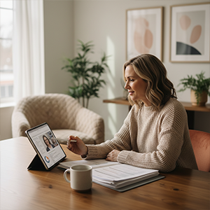 Woman in a beige sweater participating in a video call on a tablet while sitting at a wooden table with a notebook and coffee mug.