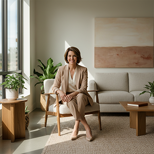 Woman in beige suit sitting on a wooden chair in a modern, brightly lit living room with plants and neutral-colored furniture.