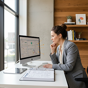 Woman in a gray blazer intently analyzing data charts on a desktop computer in a modern office.