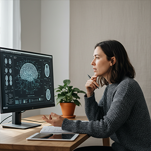 Woman analyzing brain scan images displayed on a computer monitor in a well-lit office.