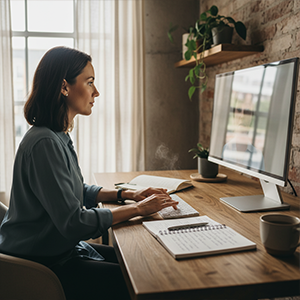 Woman typing on a keyboard at a wooden desk with a monitor, notebook, and coffee cup in a softly lit room with a brick wall and window.