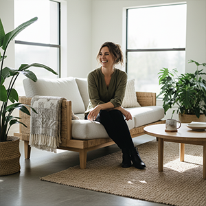 Smiling woman sitting on a modern wooden sofa with white cushions in a bright living room with plants and a round wooden coffee table.