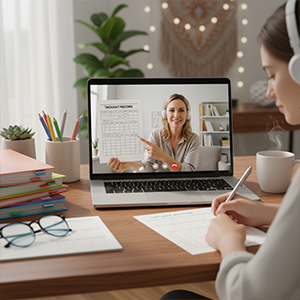 Person attending an online therapy session on a laptop, taking notes while the therapist holds a thought record sheet.