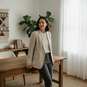 Smiling woman wearing a beige blazer and dark pants leaning on a wooden table in a bright room with plants and shelves.