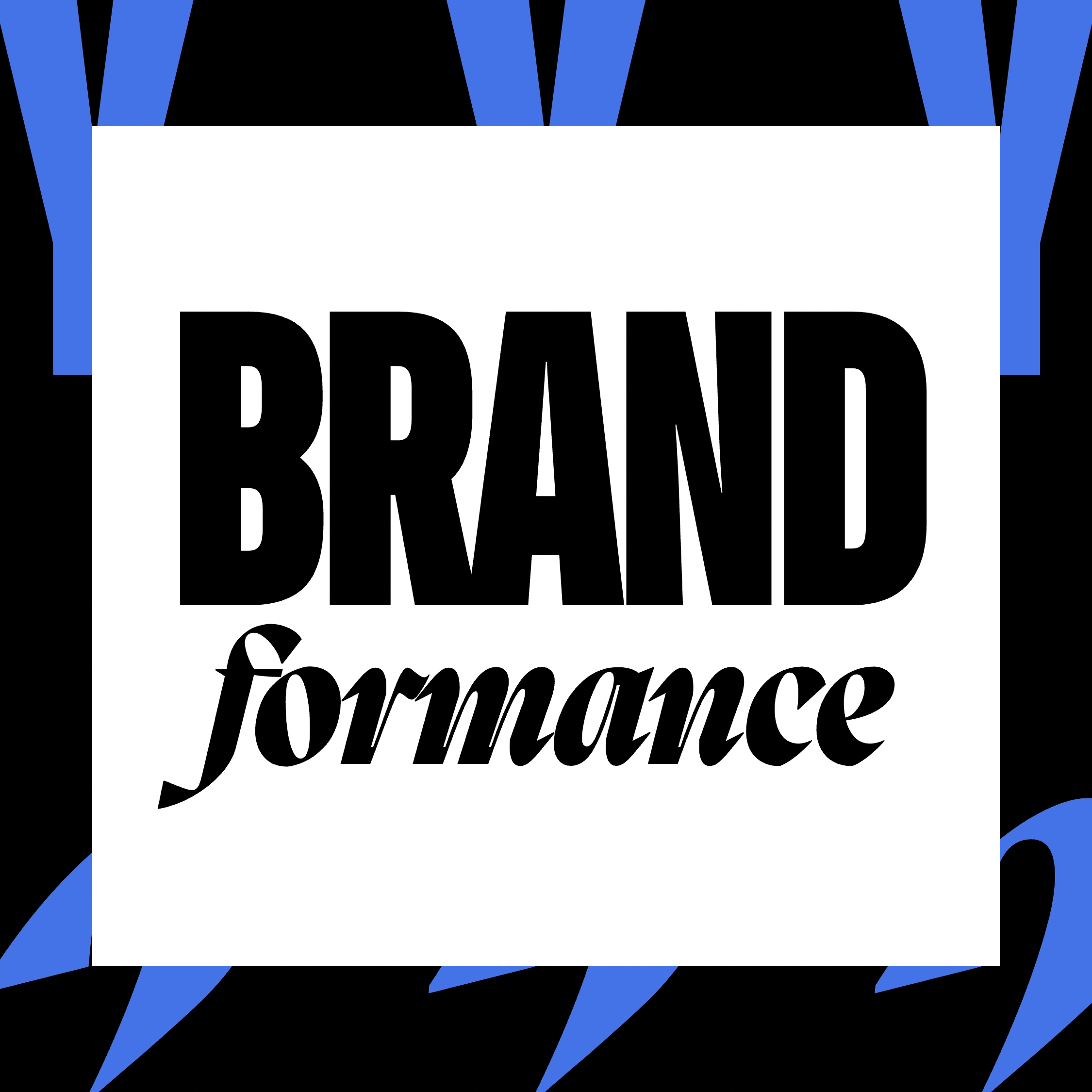 Textové logo s nápisem Brandformance na bílém pozadí s černým a modrým dekorativním rámem.